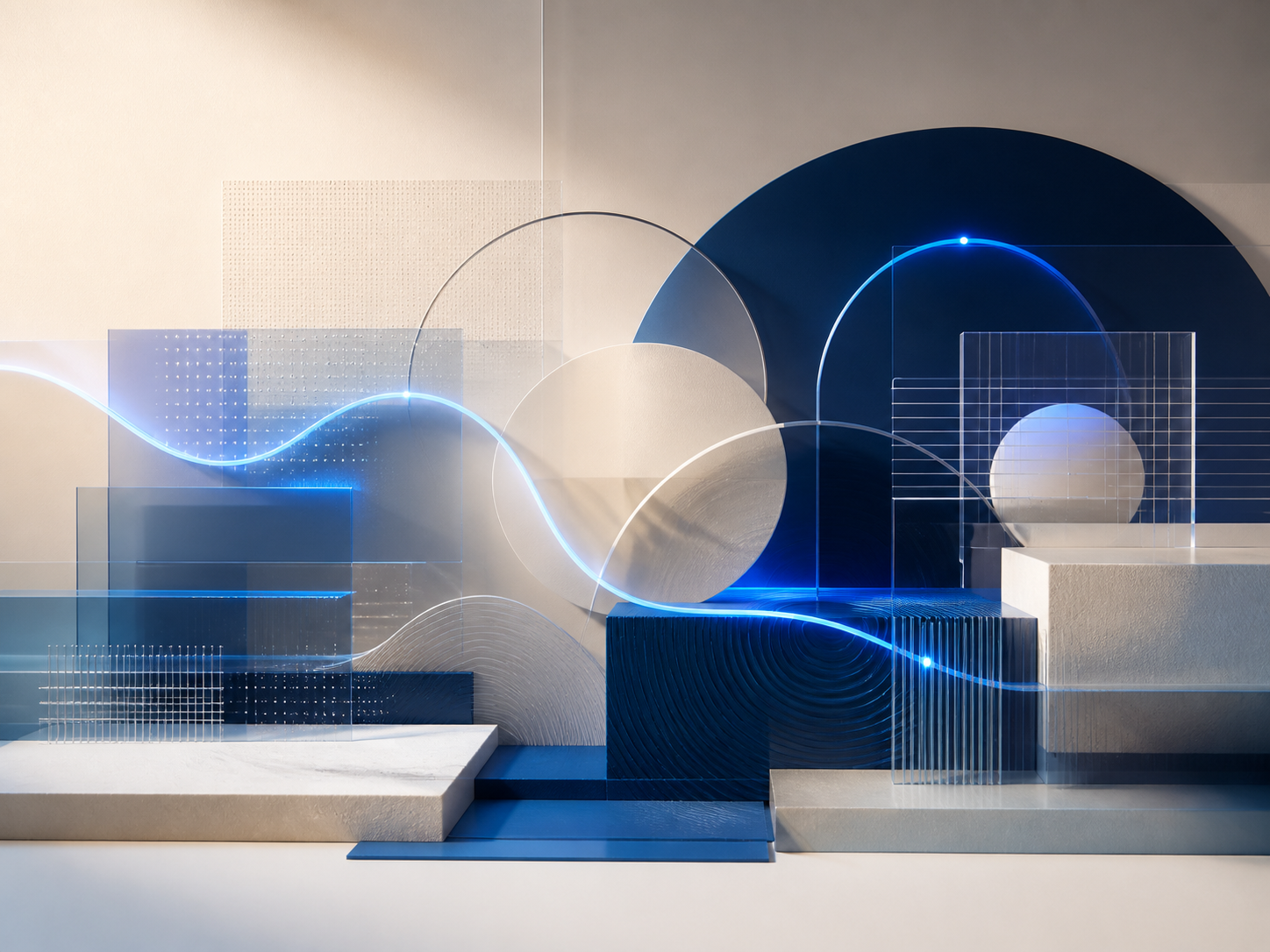 Composição abstrata de formas ligadas por um percurso luminoso